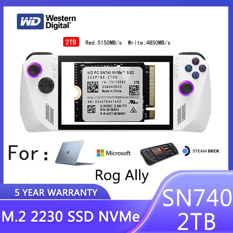 웨스턴 디지털 WD SN740, 2TB M.2 2230 SSD, NVMe PCIe Gen4 x4 SSD, 마이크로소프트 서피스 프로 X 서피스 노트북 3 스팀 데크용